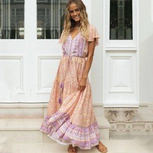 Bohemian Peach and Lavender Maxi Dress